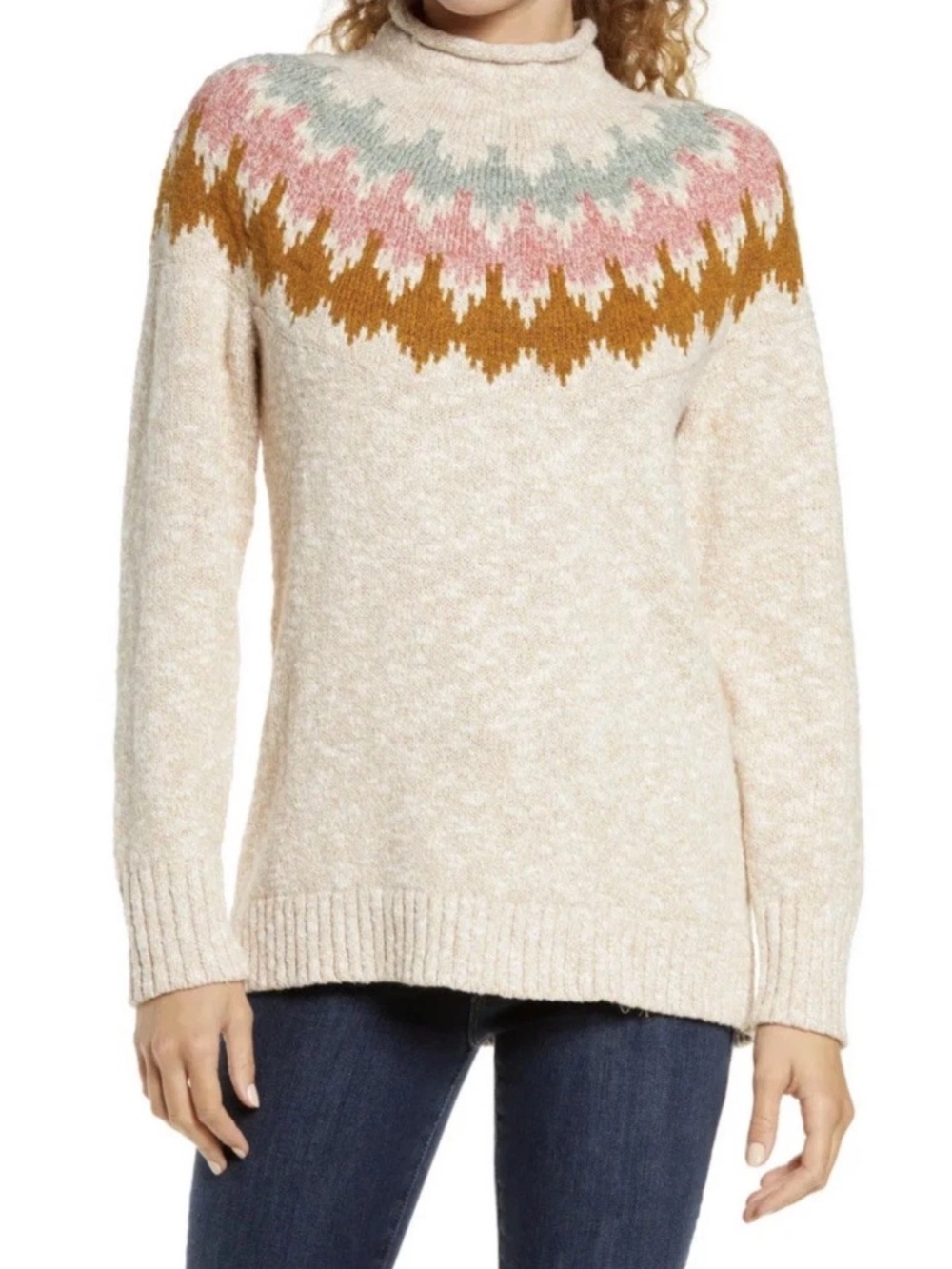 LL Bean 100% Cotton Ragg Nordic Fair Isle Ski Funnel Neck Pullover Sweater Sz M